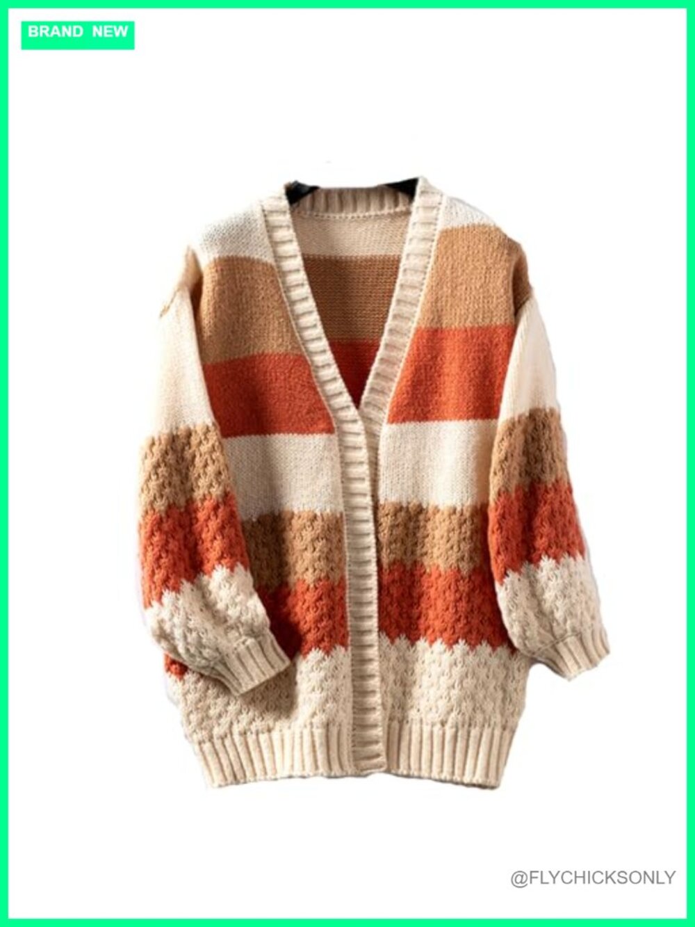 Chunky Cable Knit Oversized Cardigan Sweater Long Sleeve Color Block Boho Winter
